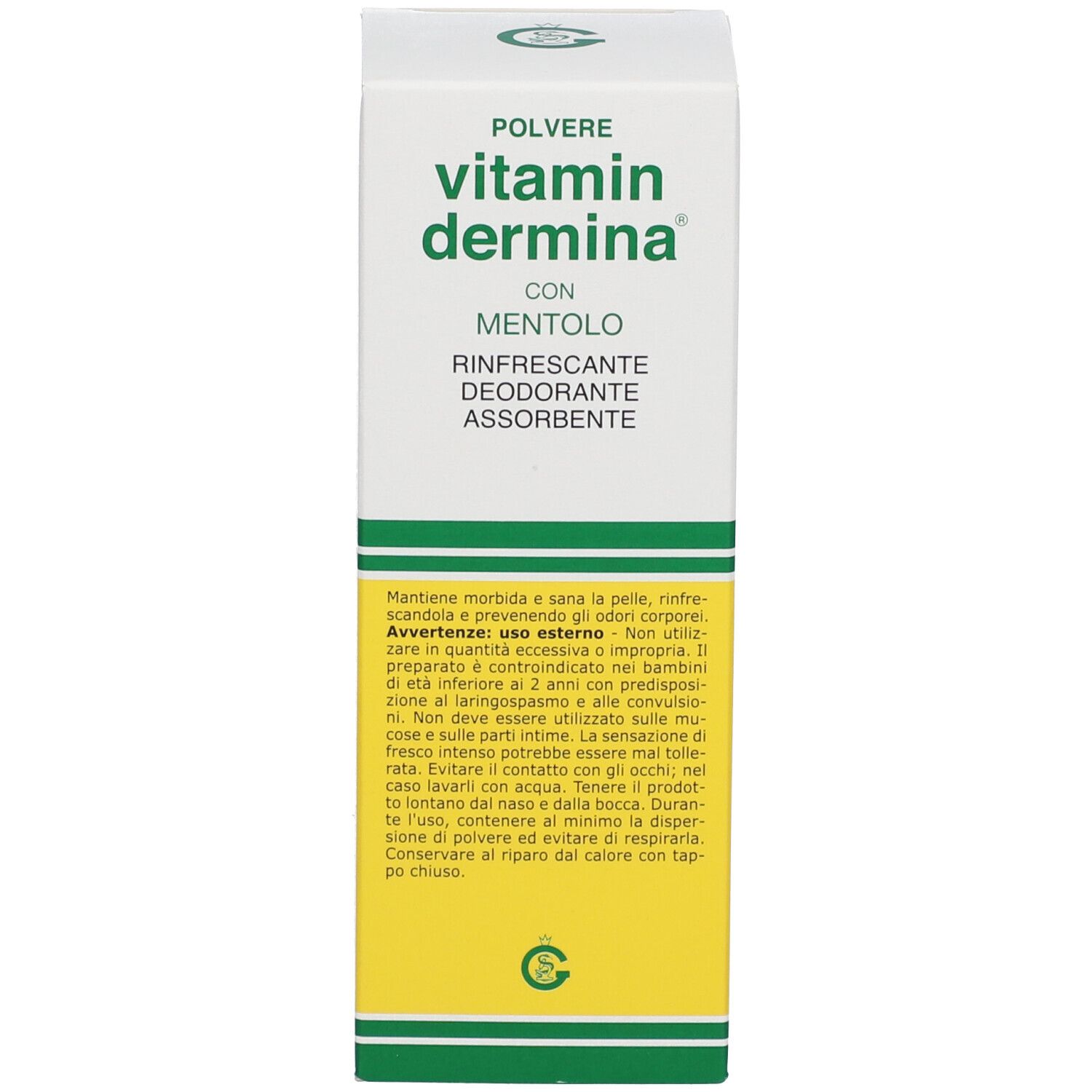 Emballage de poudre Vitamin Dermina®. Blanc, vert. Inscription: Polvere, rinfrescante, désodorisant, absorbant. Mode d'emploi.