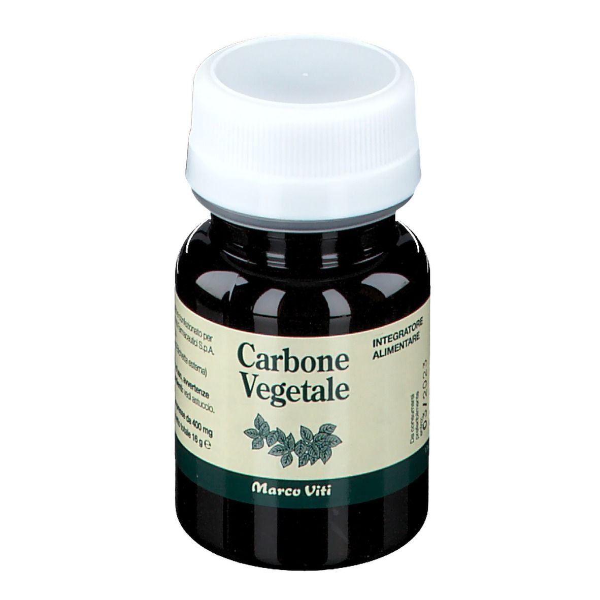 Flacone marrone con tappo bianco. Scritta "Carbone Vegetale".