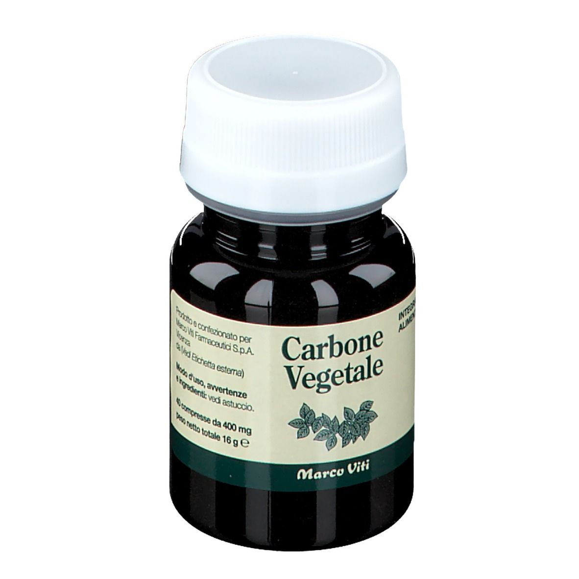 Flacone marrone con tappo bianco. Scritta "Carbone Vegetale".