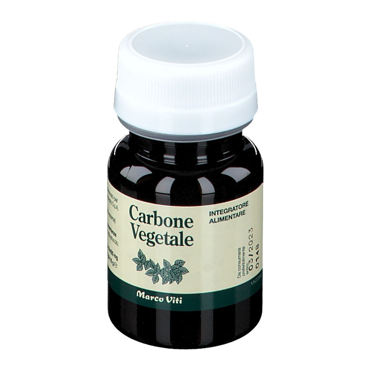 Flacone marrone con tappo bianco. Scritta "Carbone Vegetale".