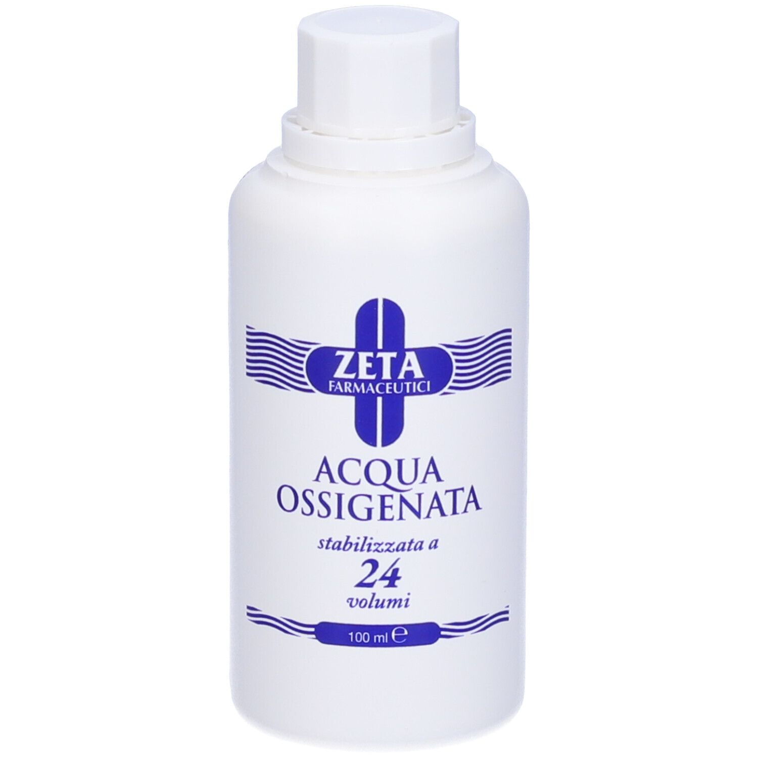 Flacone bianco con etichetta blu. Scritta: ZETA Farmaceutici, Acqua Ossigenata, 24 Volumi. 100 ml.