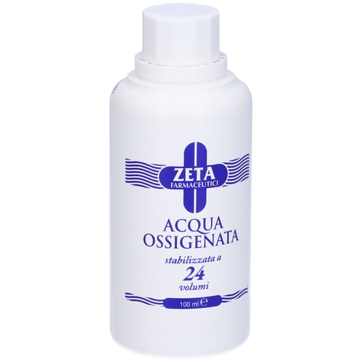 Flacone bianco con etichetta blu. Scritta: ZETA Farmaceutici, Acqua Ossigenata, 24 Volumi. 100 ml.