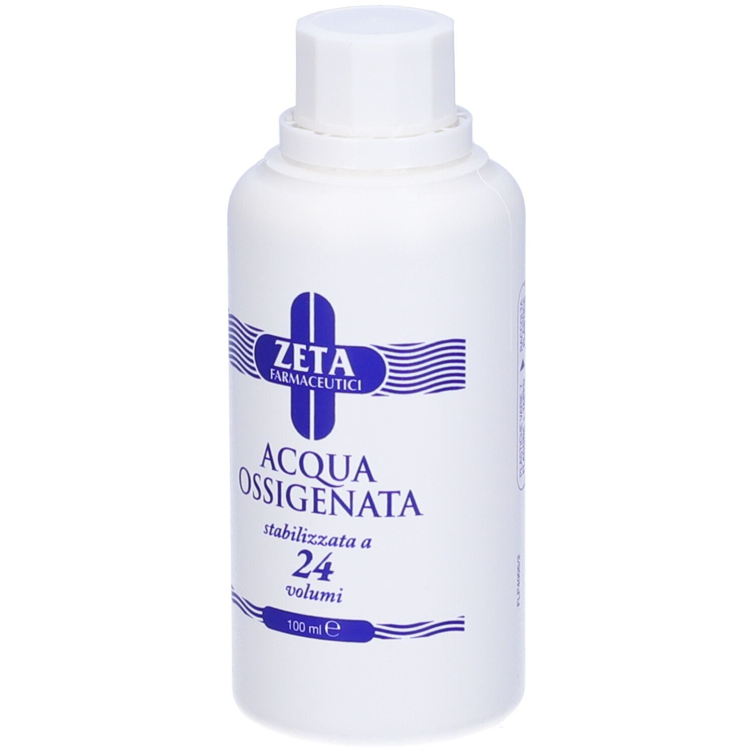 Flacone bianco con etichetta blu. Scritta: ZETA Farmaceutici, Acqua Ossigenata, 24 Volumi. 100 ml.