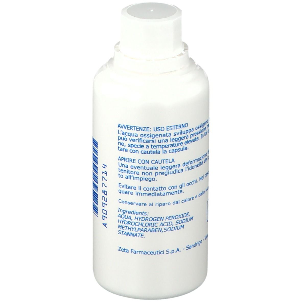 Flacon blanc avec étiquette bleue. Dos avec texte et ingrédients. Inscription: ZETA FARMACEUTICI. Avertissements.