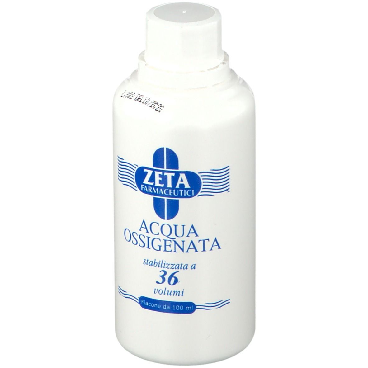 Flacon blanc avec étiquette bleue. Inscription: ZETA FARMACEUTICI, ACQUA OSSIGENATA, stabilizzata a 36 volumi. Flacon de 100 ml. Avec date.