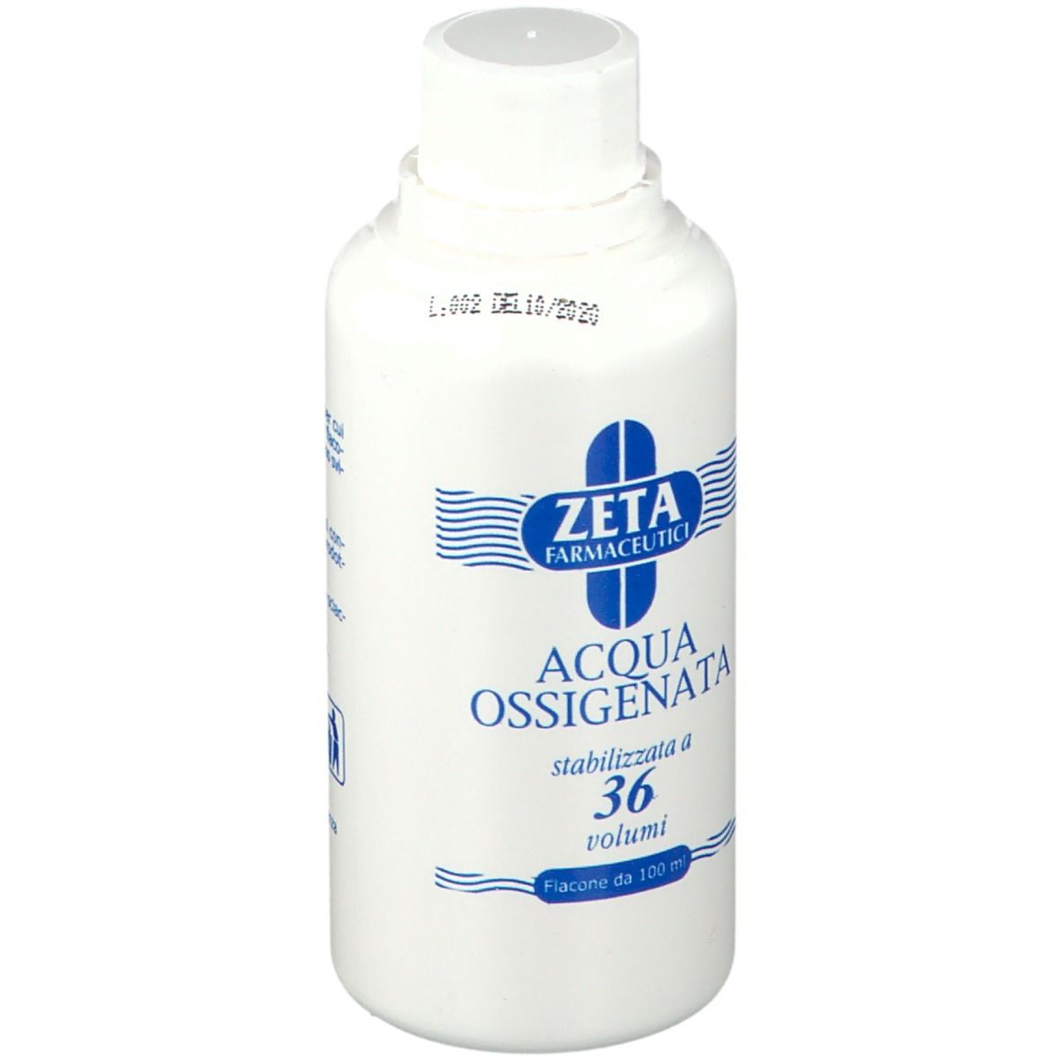 Flacon blanc avec étiquette bleue. Inscription: ZETA FARMACEUTICI, ACQUA OSSIGENATA, stabilizzata a 36 volumi. Flacon de 100 ml. Avec date.