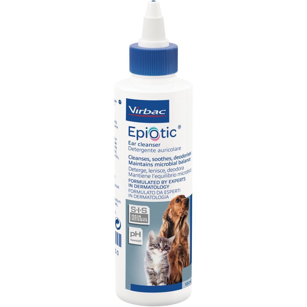 Virbac EpiOtic®, detergente auricolare. Flacone bianco con tappo blu. Etichetta con nome del prodotto, logo e immagini di cane e gatto.