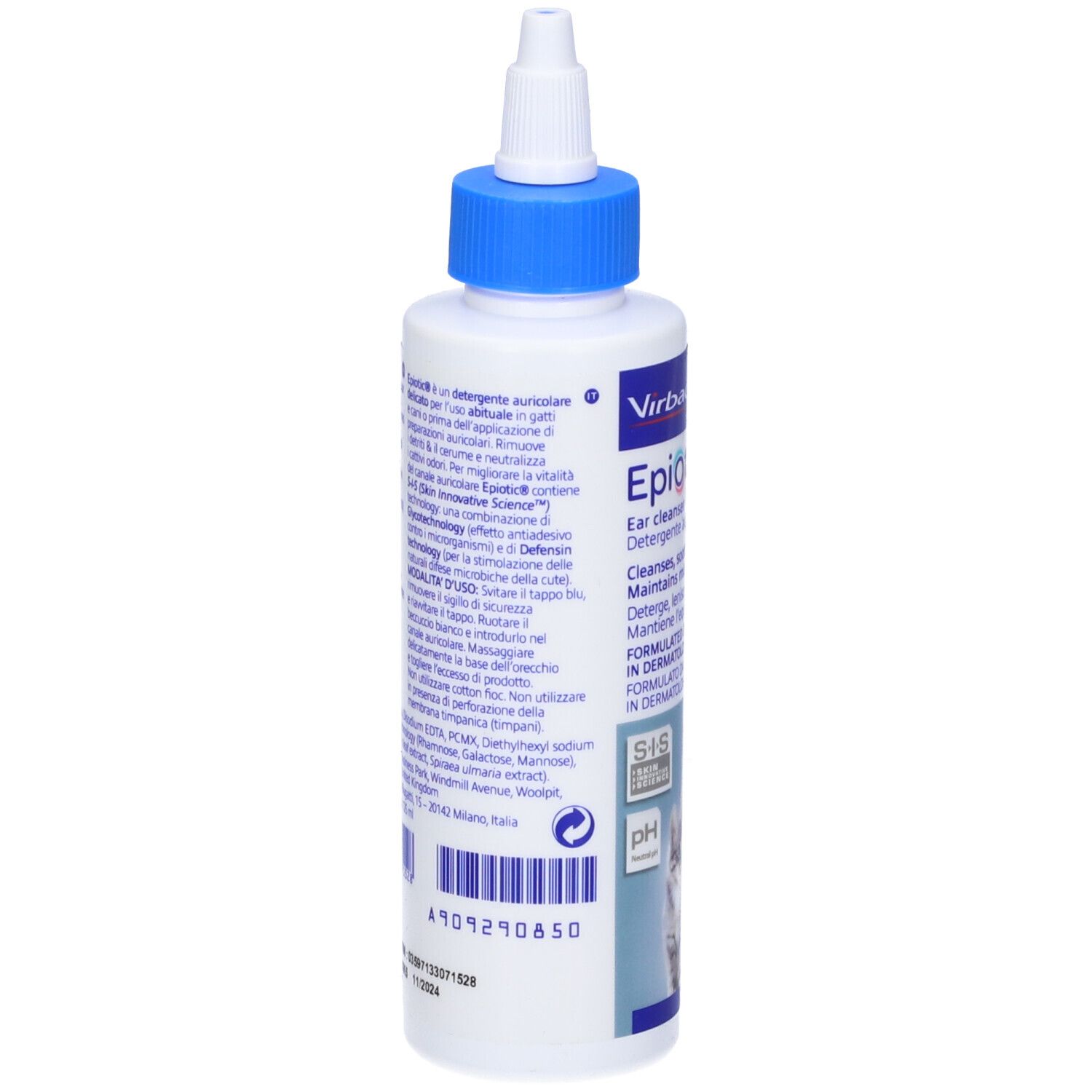Retro del flacone Virbac EpiOtic®. Informazioni testuali, ingredienti e informazioni del produttore. Flacone bianco con tappo blu.