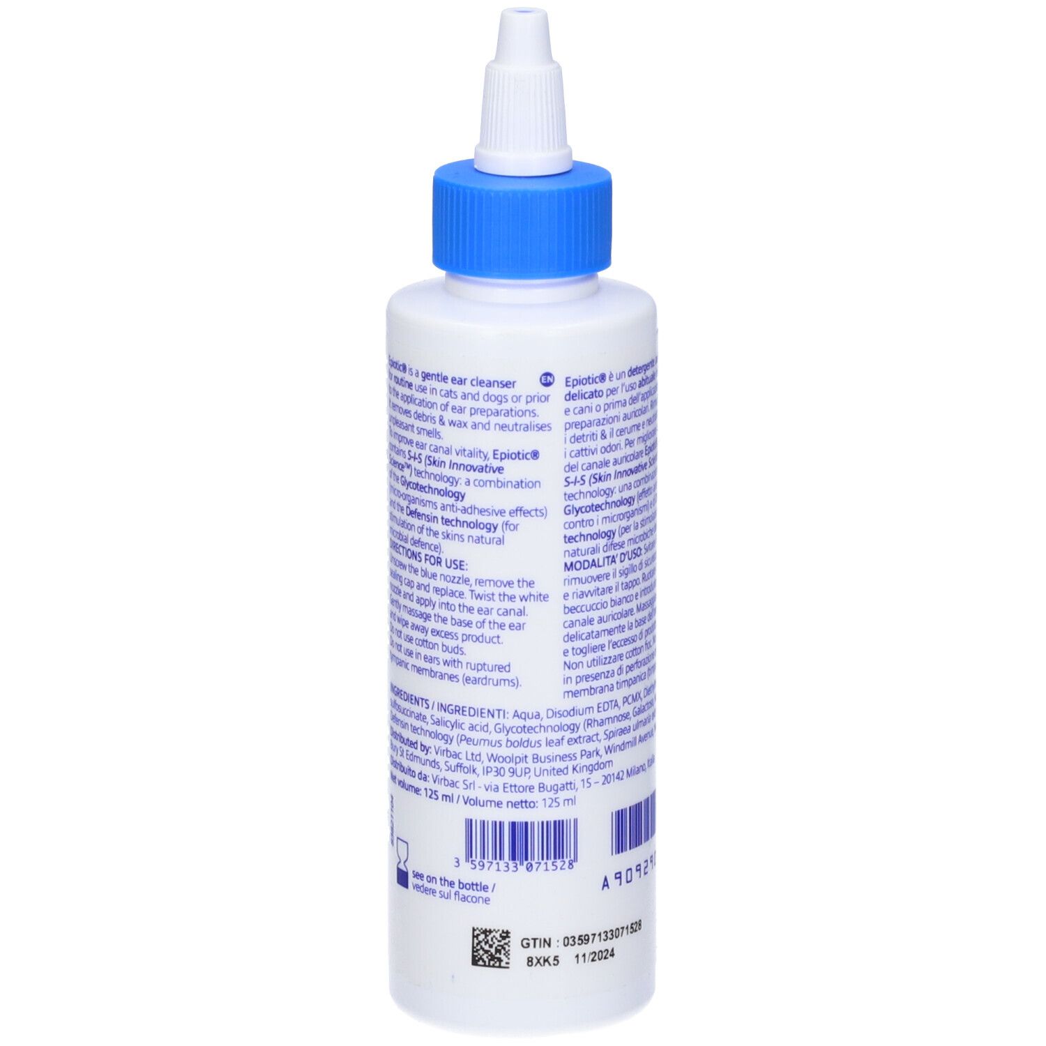 Retro del flacone Virbac EpiOtic®. Informazioni testuali, ingredienti e informazioni del produttore. Flacone bianco con tappo blu.