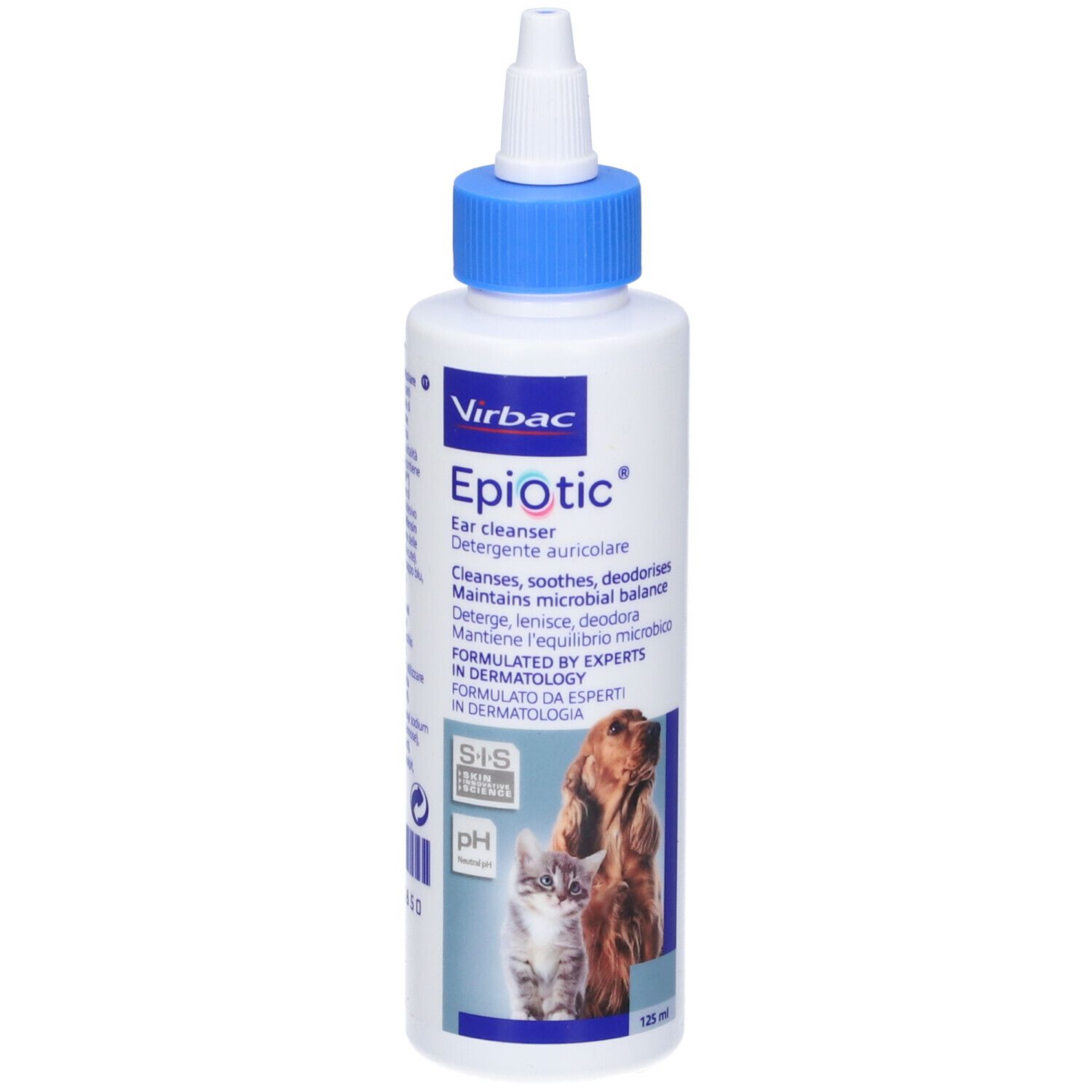 Virbac EpiOtic®, detergente auricolare. Flacone bianco con tappo blu. Etichetta con nome del prodotto, logo e immagini di cane e gatto.