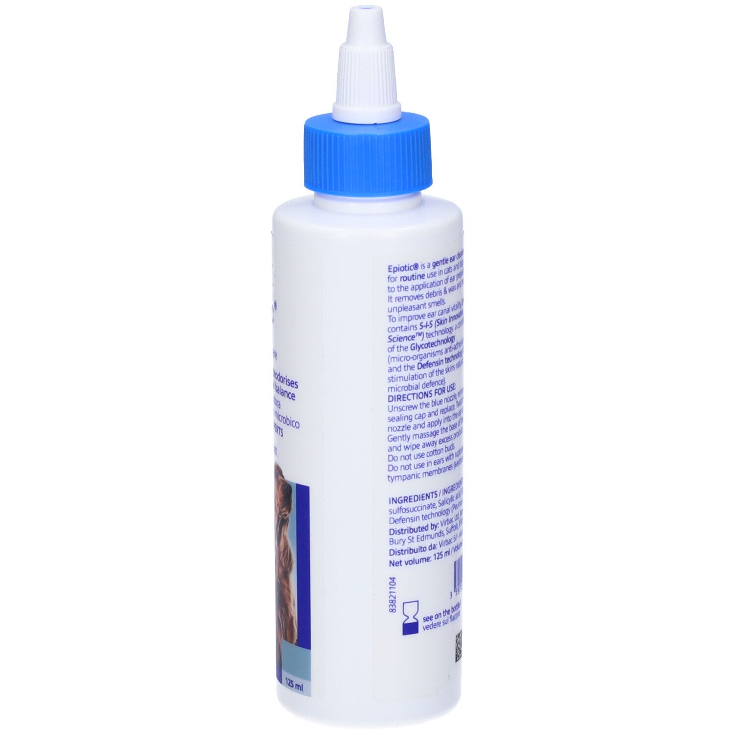 Retro del flacone Virbac EpiOtic®. Informazioni testuali, ingredienti e informazioni del produttore. Flacone bianco con tappo blu.
