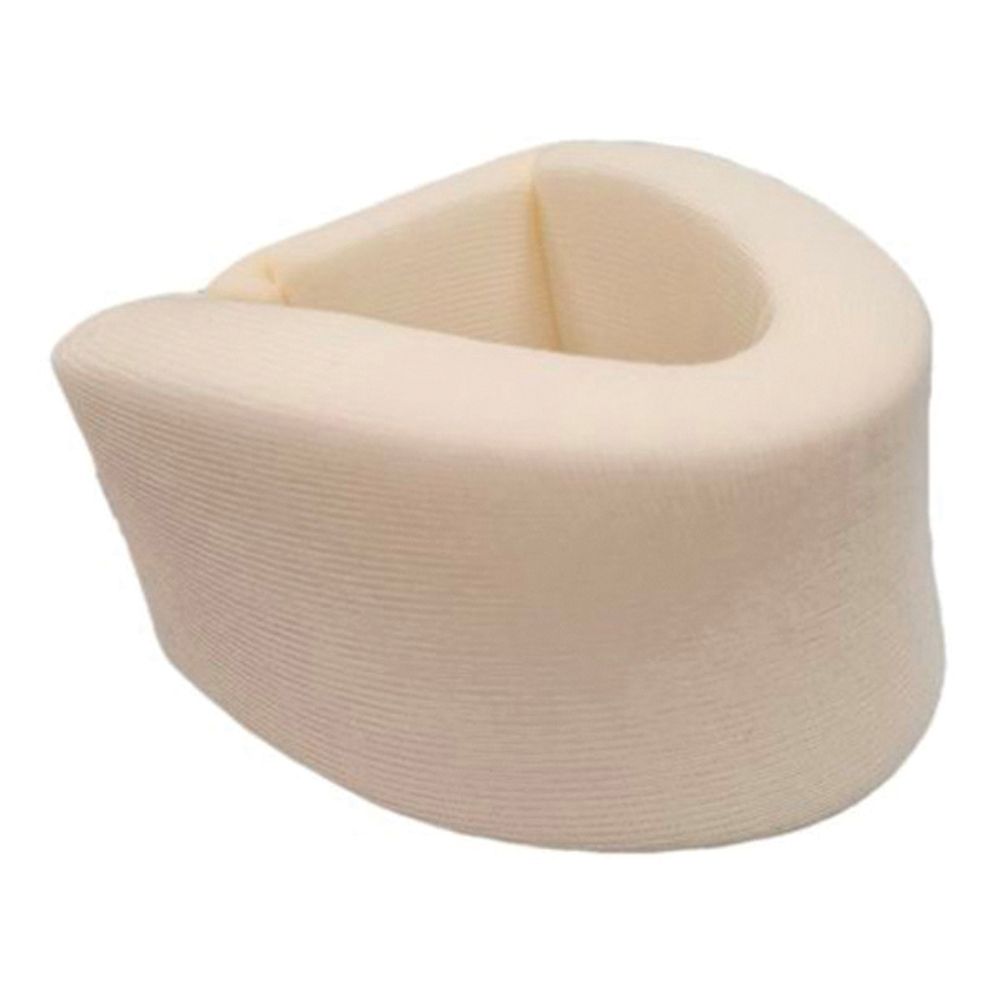 Collare cervicale beige. Materiale morbido, forma a U. Uso medico.