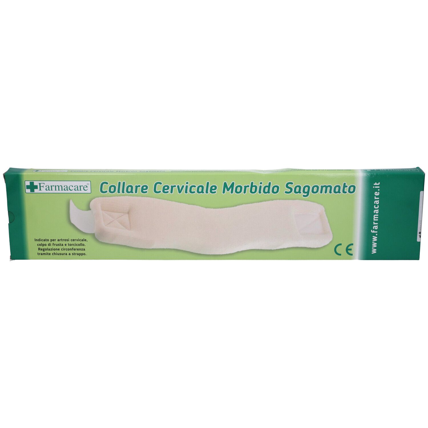 Confezione con collare cervicale. Scritto: 'Collare Cervicale Morbido'. Marca: Farmacare.