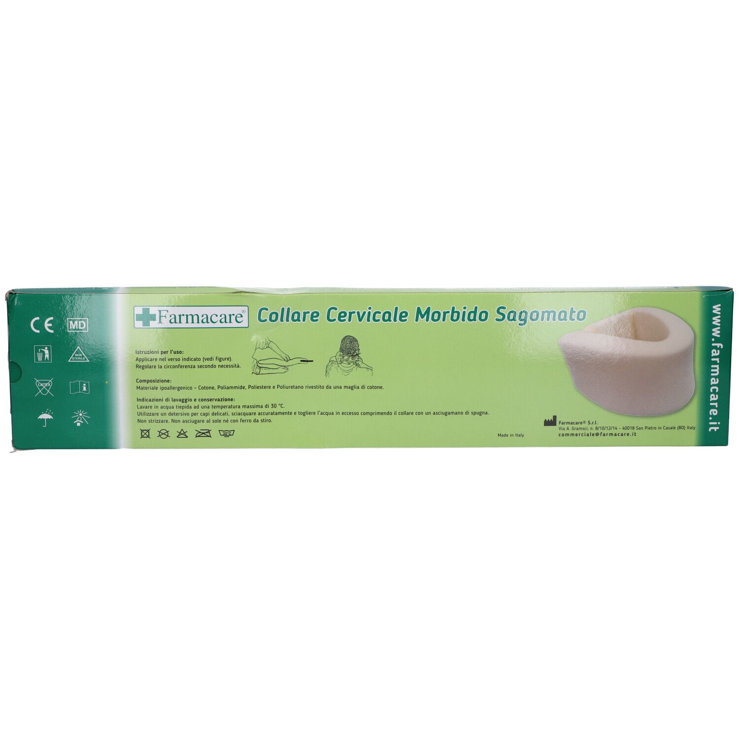 Confezione con collare cervicale. Scritto: 'Collare Cervicale Morbido'. Marca: Farmacare. Vista del prodotto.