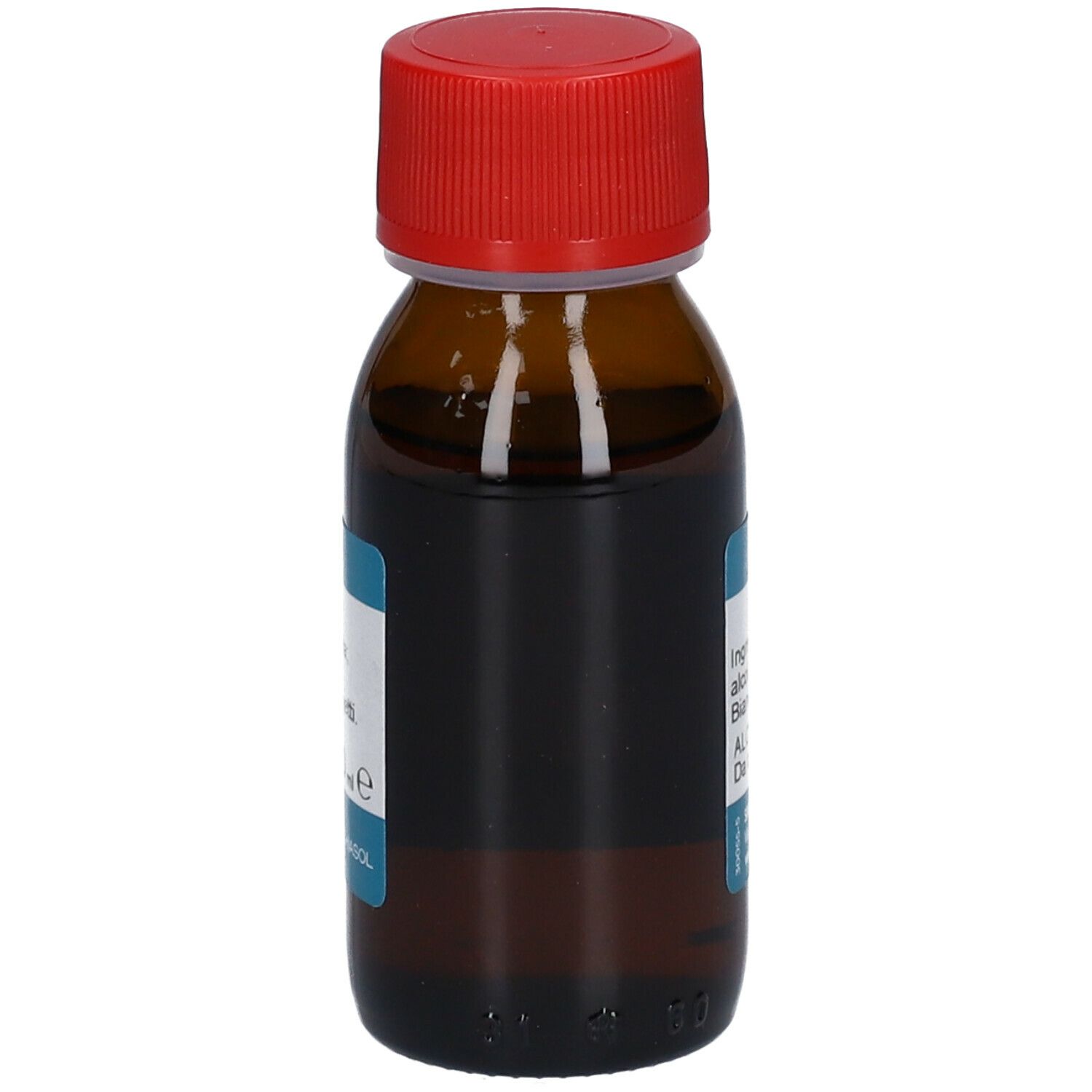 Bottiglia di vetro marrone con tappo rosso. Scritta Gemmosol Biancospino. Etichetta blu con informazioni.