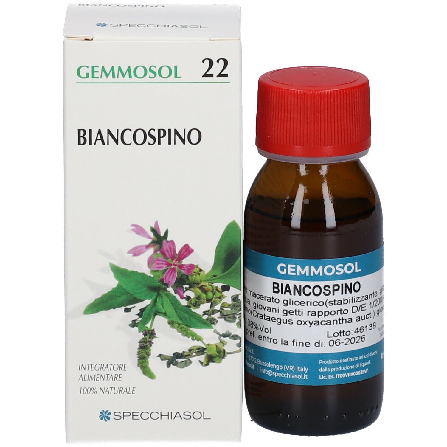 Bottiglia di vetro marrone con tappo rosso e scatola. Scritta Gemmosol Biancospino. Etichetta blu.