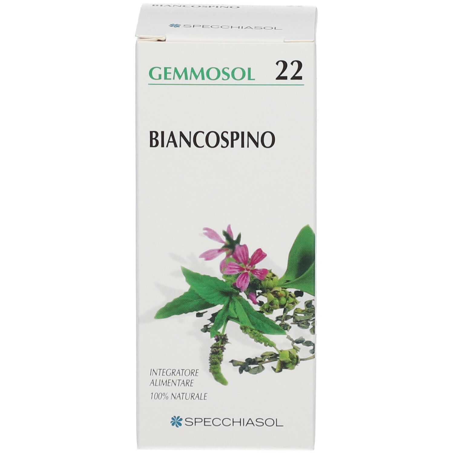 Scatola bianca con scritta Gemmosol Biancospino. Illustrazione di fiori e foglie. Logo.