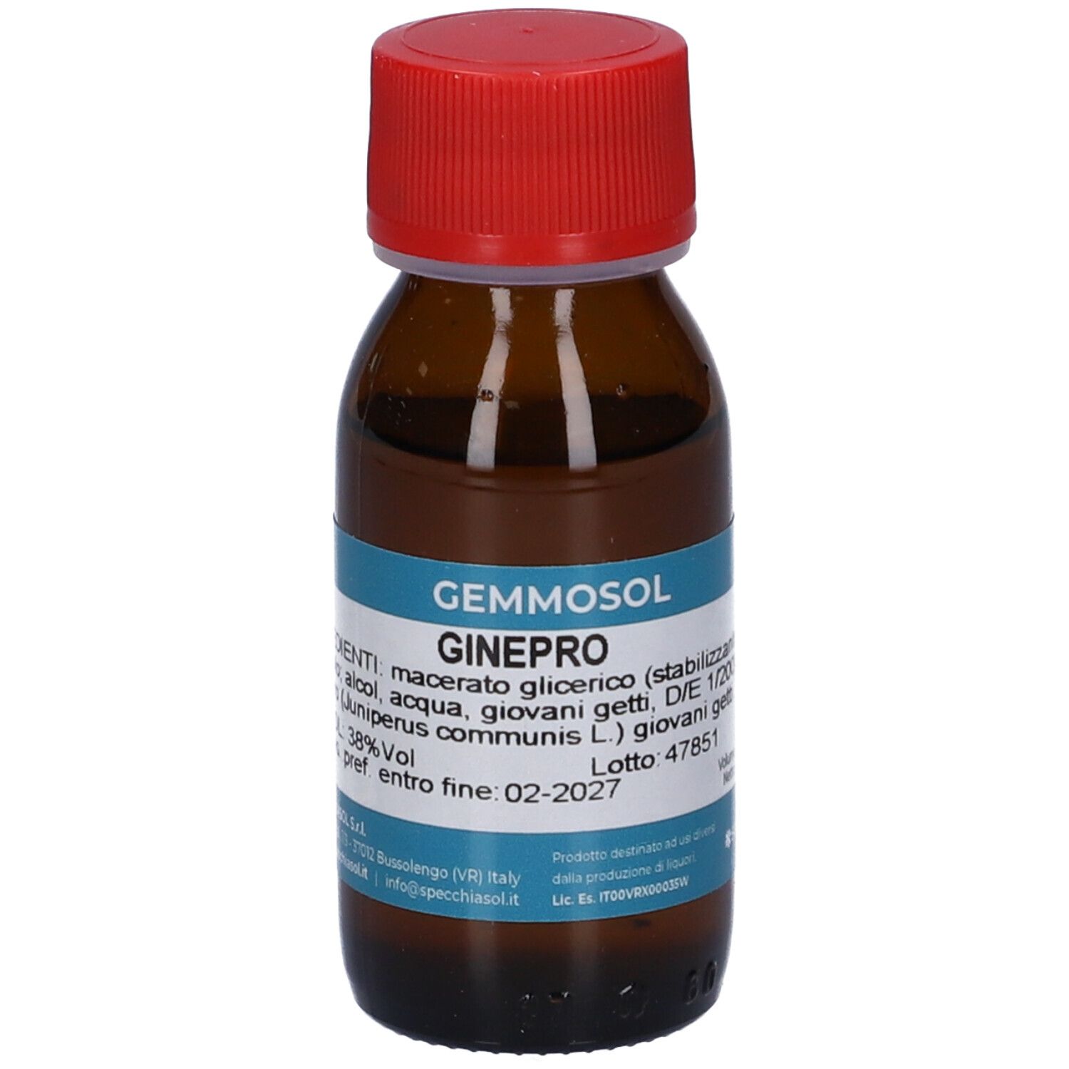 Flacone in vetro marrone con tappo rosso. Etichetta blu con nome prodotto e ingredienti. Logo Gemmosol.