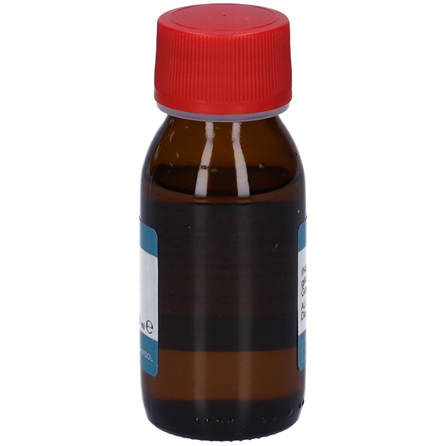 Flacone in vetro marrone con tappo rosso. Etichetta blu con nome prodotto e ingredienti. Logo Gemmosol.