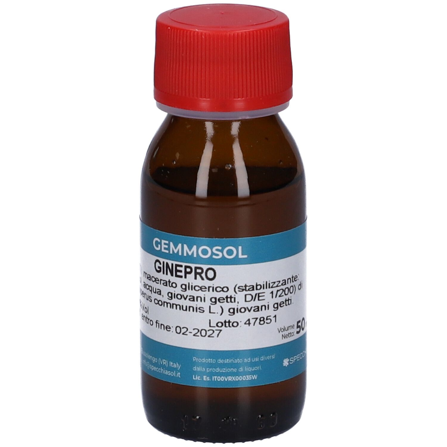 Flacone in vetro marrone con tappo rosso. Etichetta blu con nome prodotto e ingredienti. Logo Gemmosol.