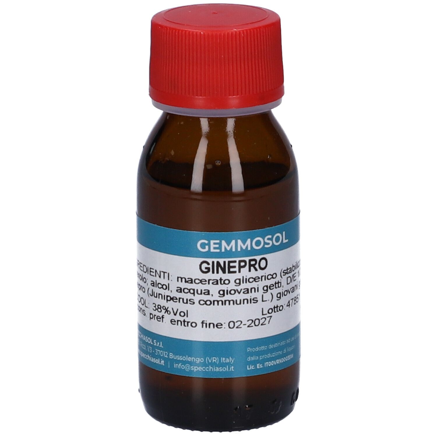Flacone in vetro marrone con tappo rosso. Etichetta blu con nome prodotto e ingredienti. Logo Gemmosol.