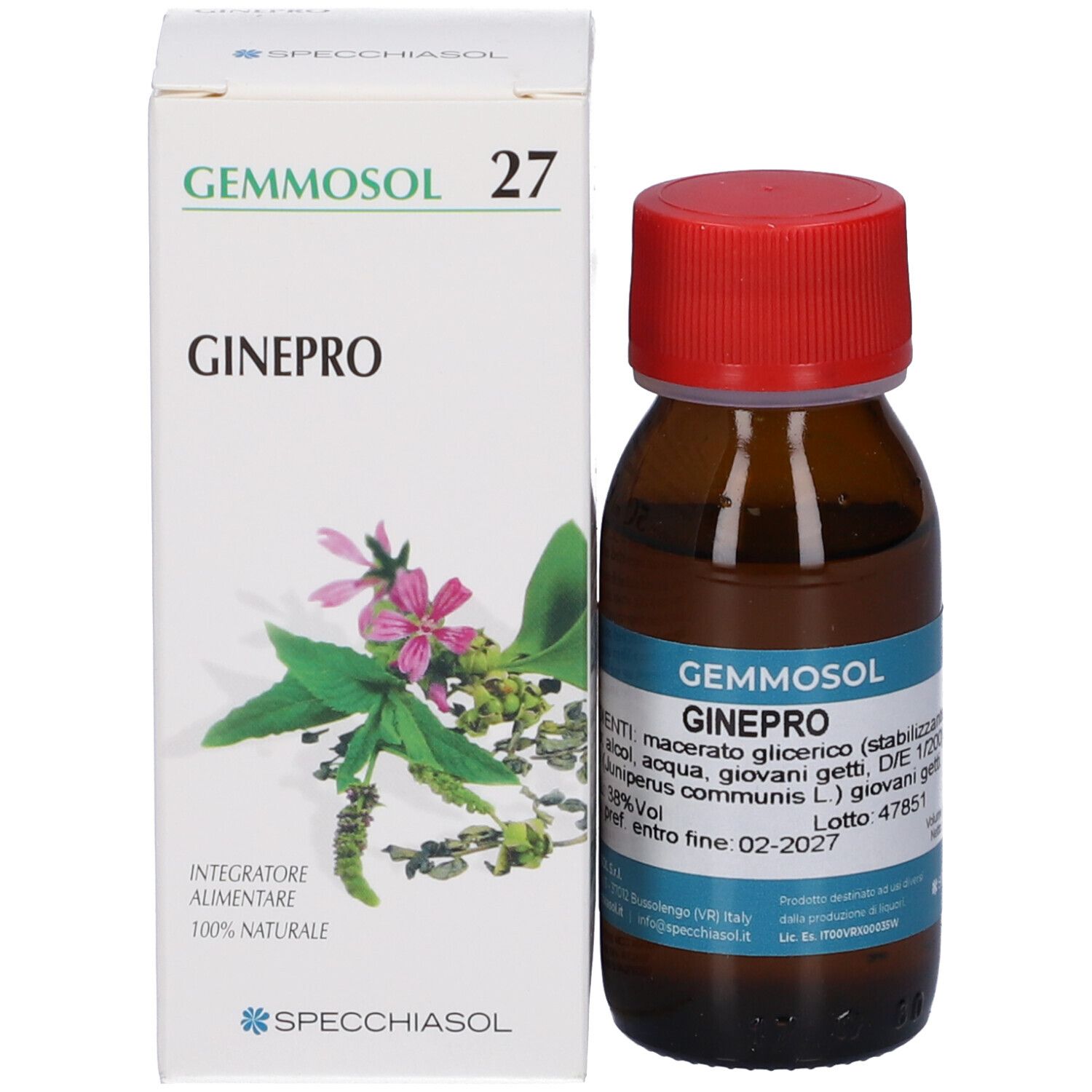 Flacone in vetro marrone con tappo rosso e scatola. Nome prodotto e illustrazioni botaniche. Logo Gemmosol.