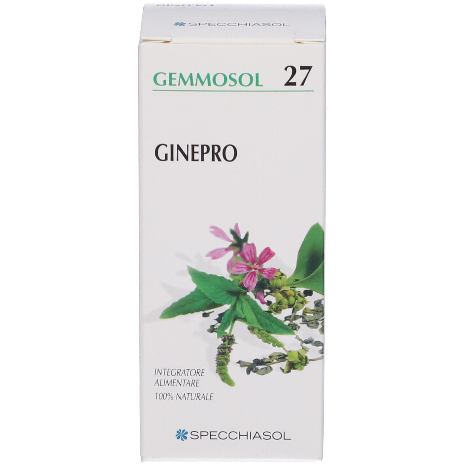 Scatola bianca con nome prodotto e illustrazione botanica. Logo Gemmosol e logo Specciasol.