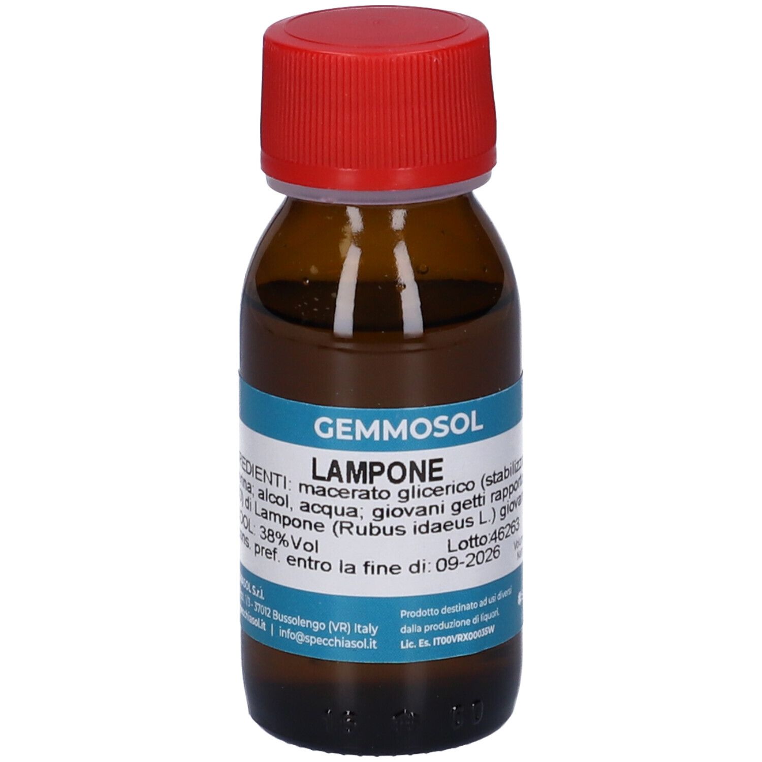Flacone in vetro marrone, tappo rosso. Scritta: Gemmosol Lampone. Etichetta blu con ingredienti e volume 50 ml.