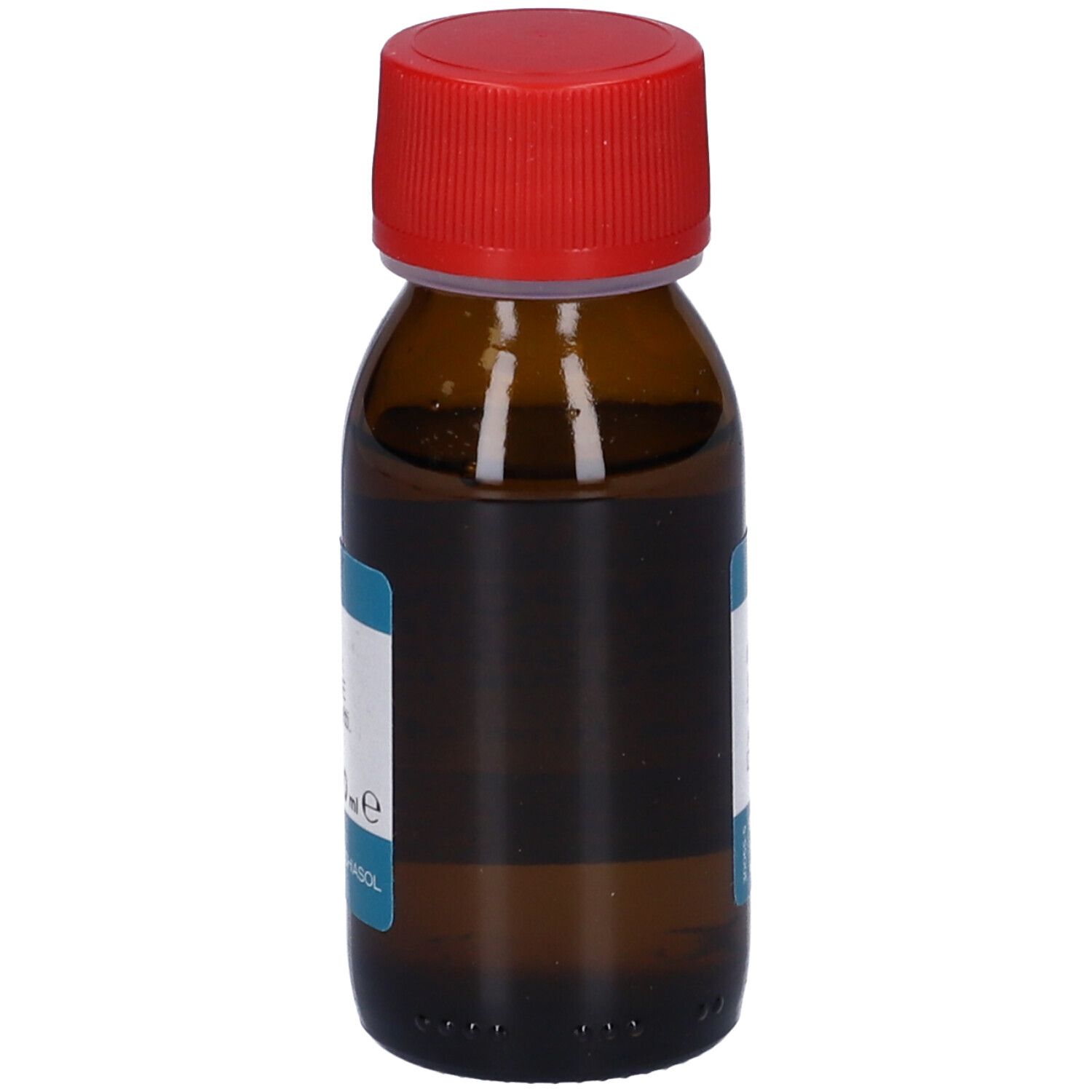 Flacone in vetro marrone, tappo rosso. Scritta: Gemmosol Lampone. Etichetta blu con ingredienti.