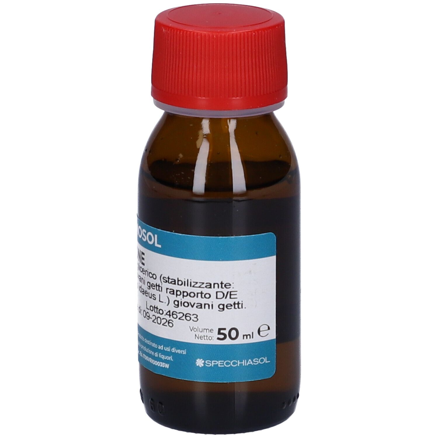 Flacone in vetro marrone, tappo rosso. Scritta: Gemmosol Lampone. Etichetta blu con ingredienti e volume 50 ml.