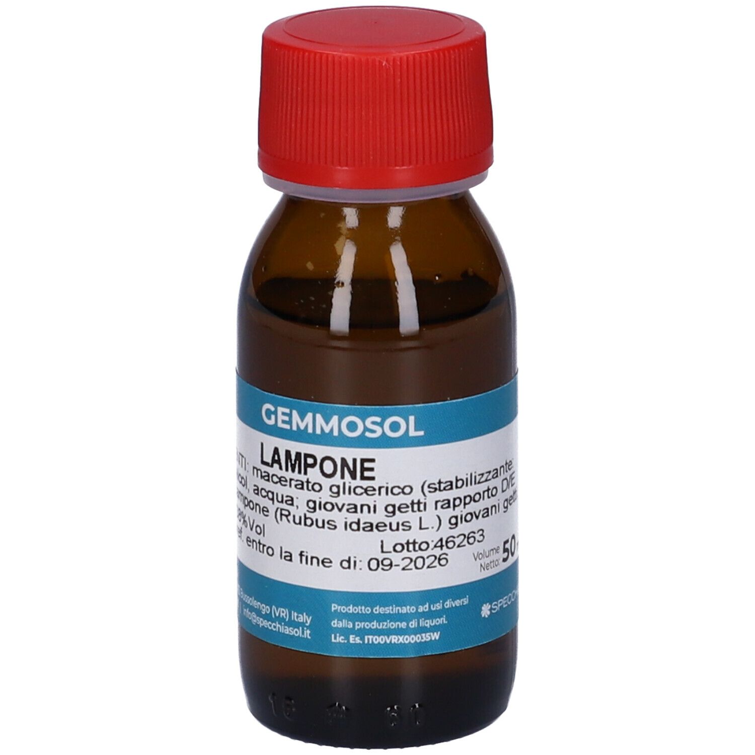 Flacone in vetro marrone, tappo rosso. Scritta: Gemmosol Lampone. Etichetta blu con ingredienti e volume 50 ml.