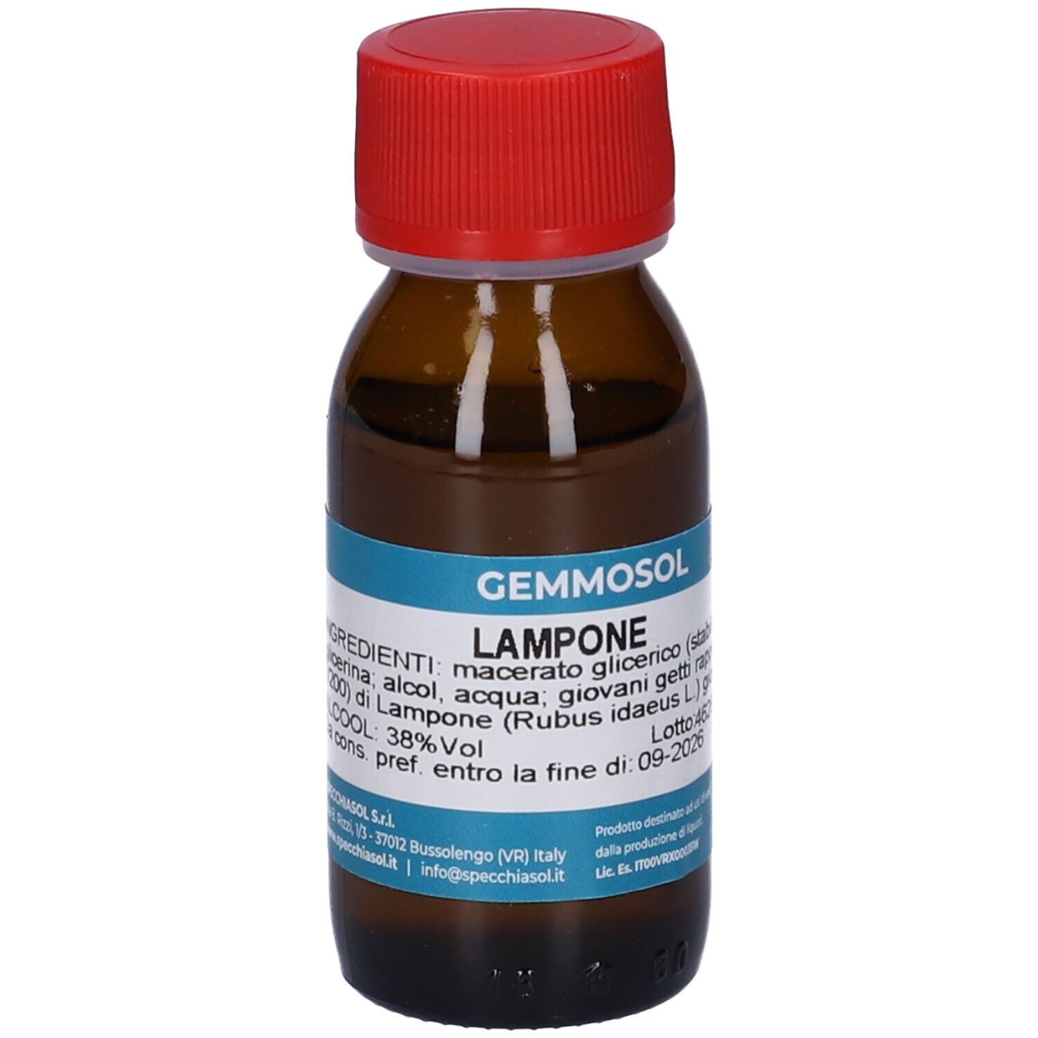 Flacone in vetro marrone, tappo rosso. Scritta: Gemmosol Lampone. Etichetta blu con ingredienti.