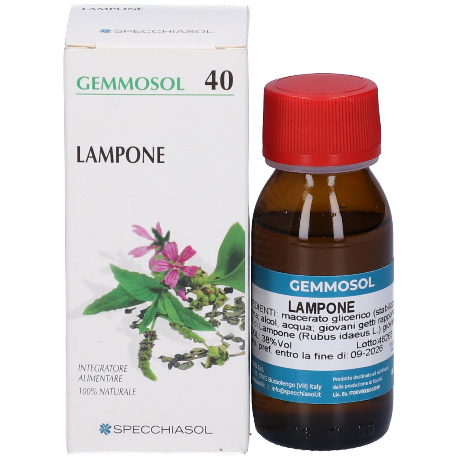 Flacone in vetro marrone, tappo rosso e scatola. Scritta: Gemmosol 40 Lampone. Etichetta blu e confezione verde.