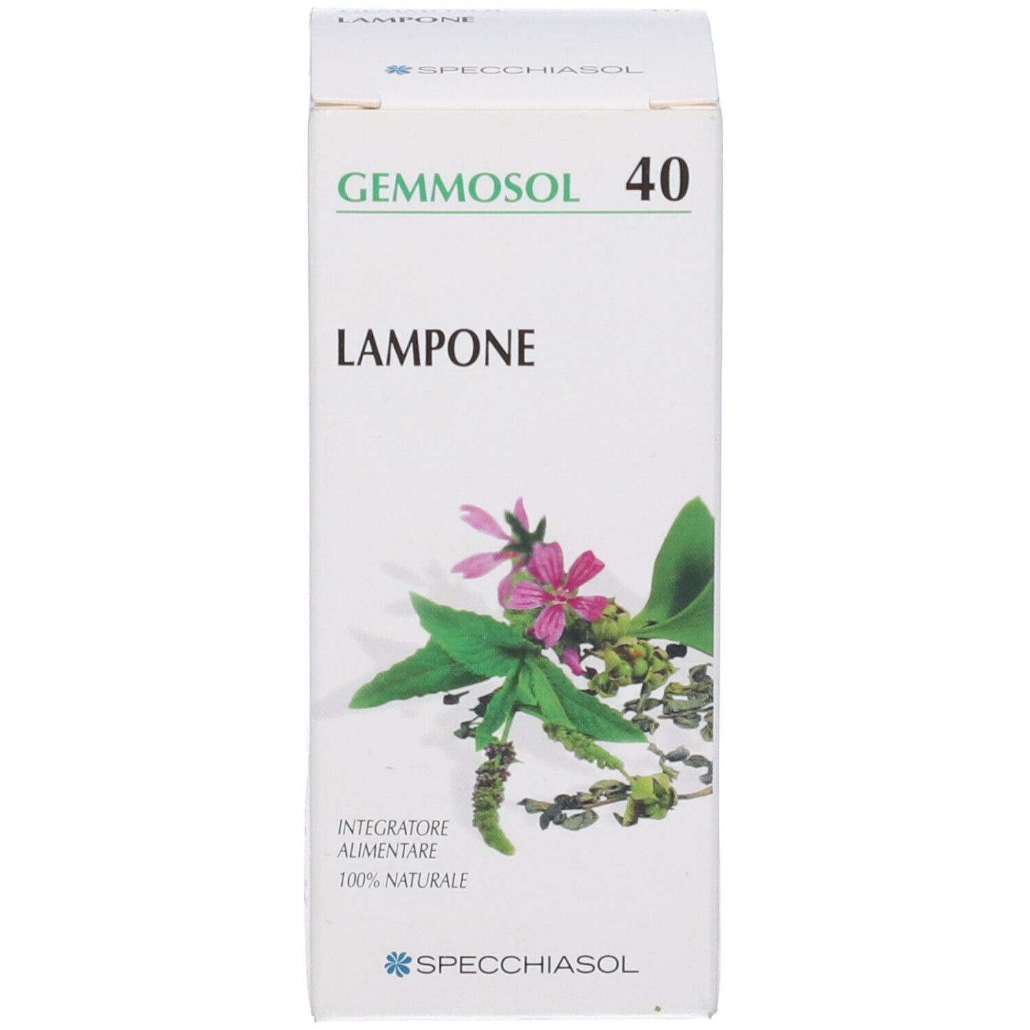 Scatola bianca con scritta: Gemmosol 40 Lampone. Illustrazione di piante e fiori. Design verde e bianco.