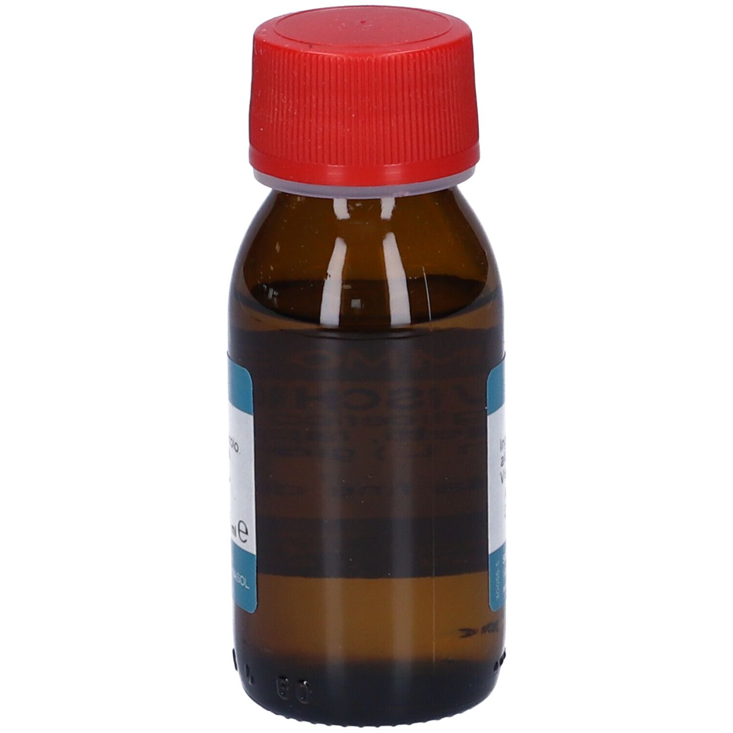 Flacone di vetro marrone con tappo rosso. Etichetta blu con informazioni sul prodotto. Marchio Gemmosol visibile.