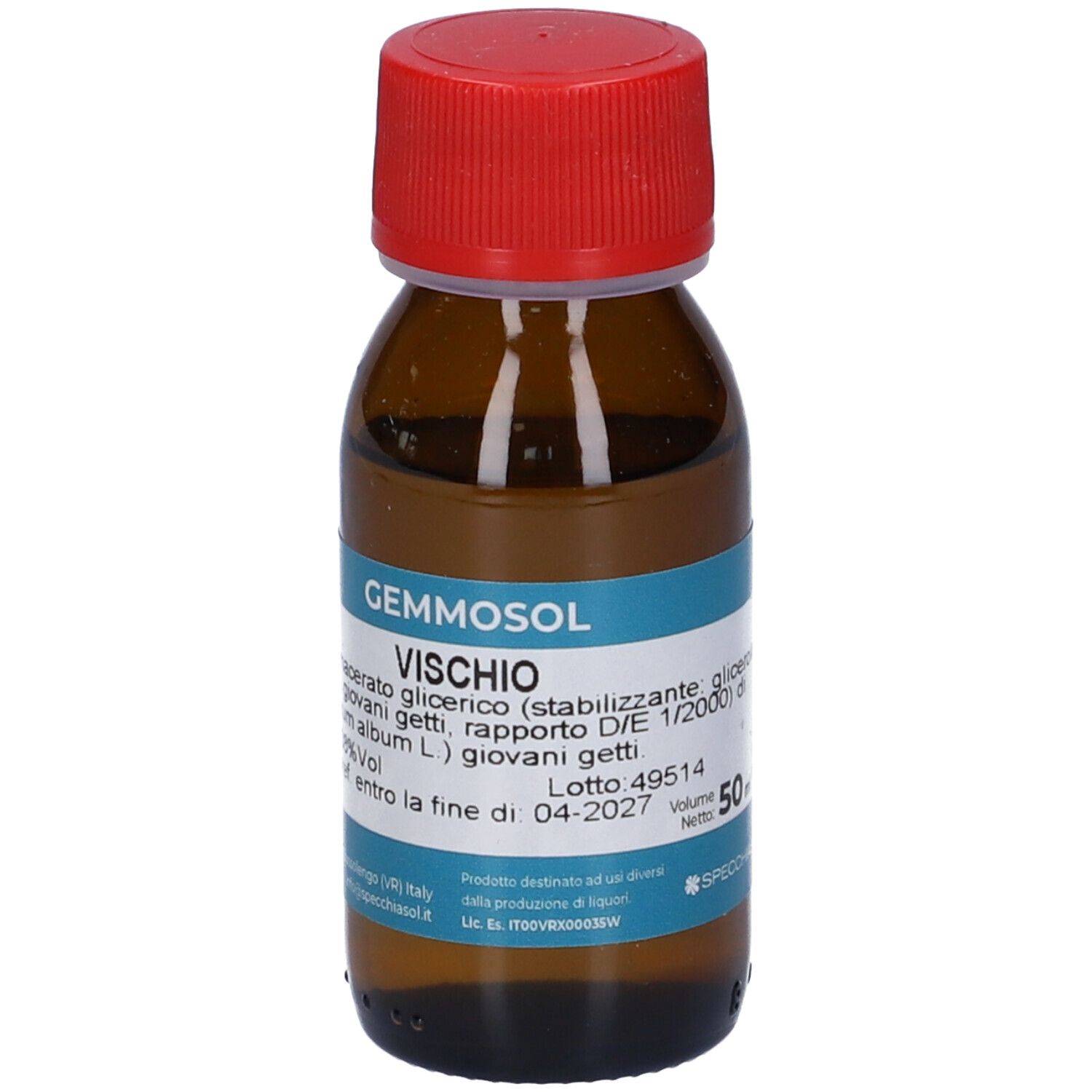 Flacone di vetro marrone con tappo rosso. Etichetta blu con informazioni sul prodotto. Marchio Gemmosol visibile.