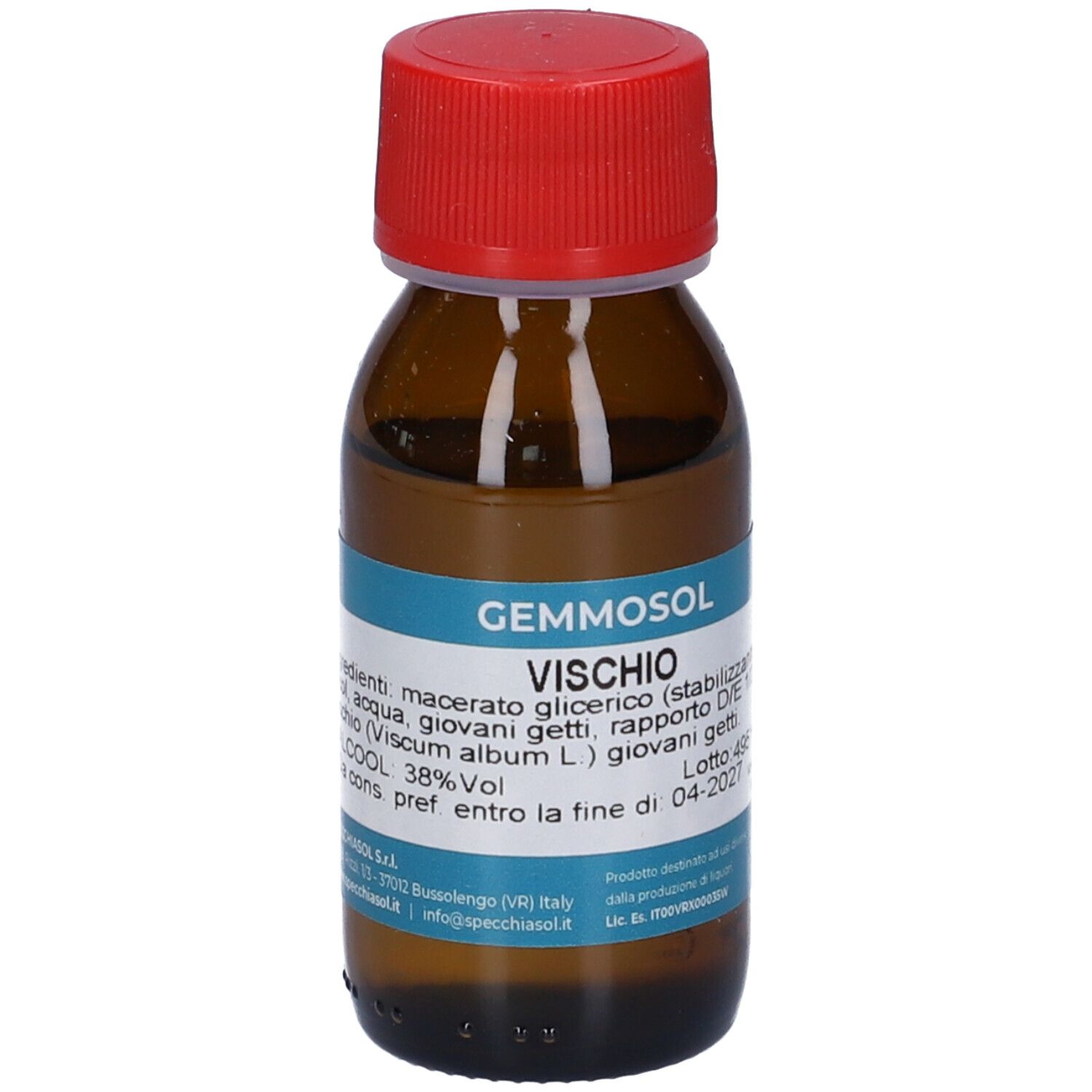 Flacone di vetro marrone con tappo rosso. Etichetta blu con informazioni sul prodotto. Marchio Gemmosol visibile.