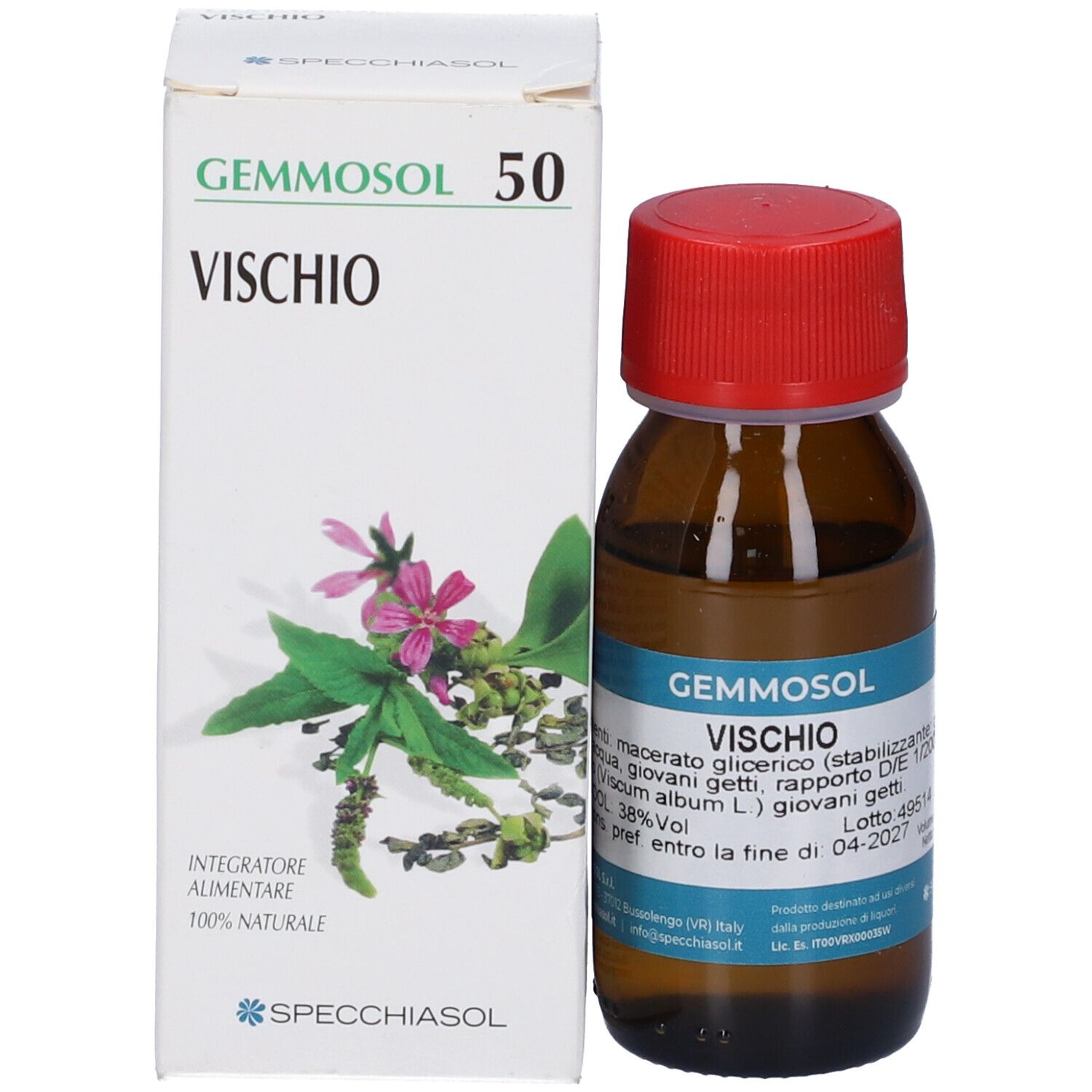 Flacone di vetro marrone con tappo rosso e confezione del prodotto. Marchio Gemmosol e nome del prodotto Vischio visibili.