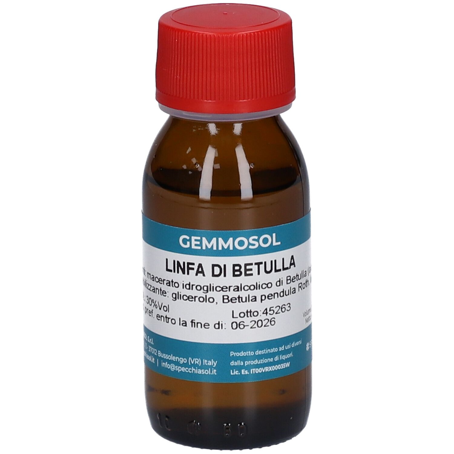 Braune Glasflasche mit rotem Deckel. Etikett mit Produktinformationen. Aufschrift: Gemmosol, Linfa di Betulla.