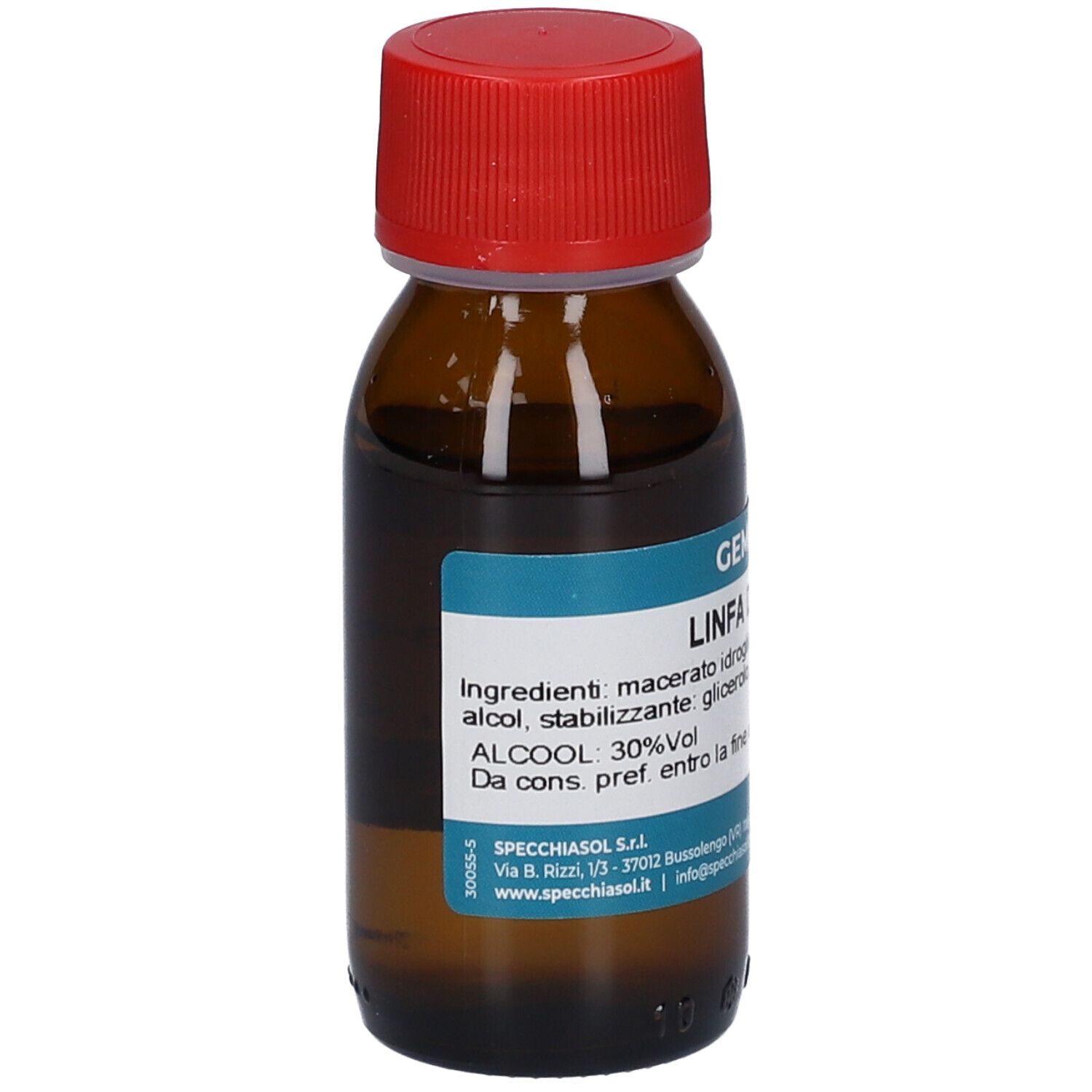 Braune Glasflasche mit rotem Deckel. Etikett mit Produktinformationen. Aufschrift: Gemmosol, Linfa di Betulla.