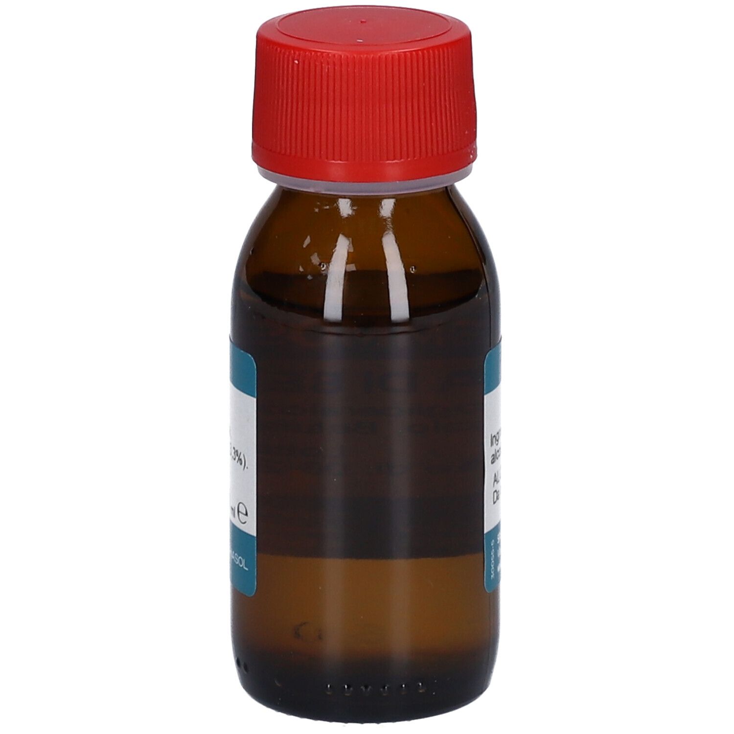 Braune Glasflasche mit rotem Deckel. Etikett mit Produktinformationen. Aufschrift: Gemmosol, Linfa di Betulla.