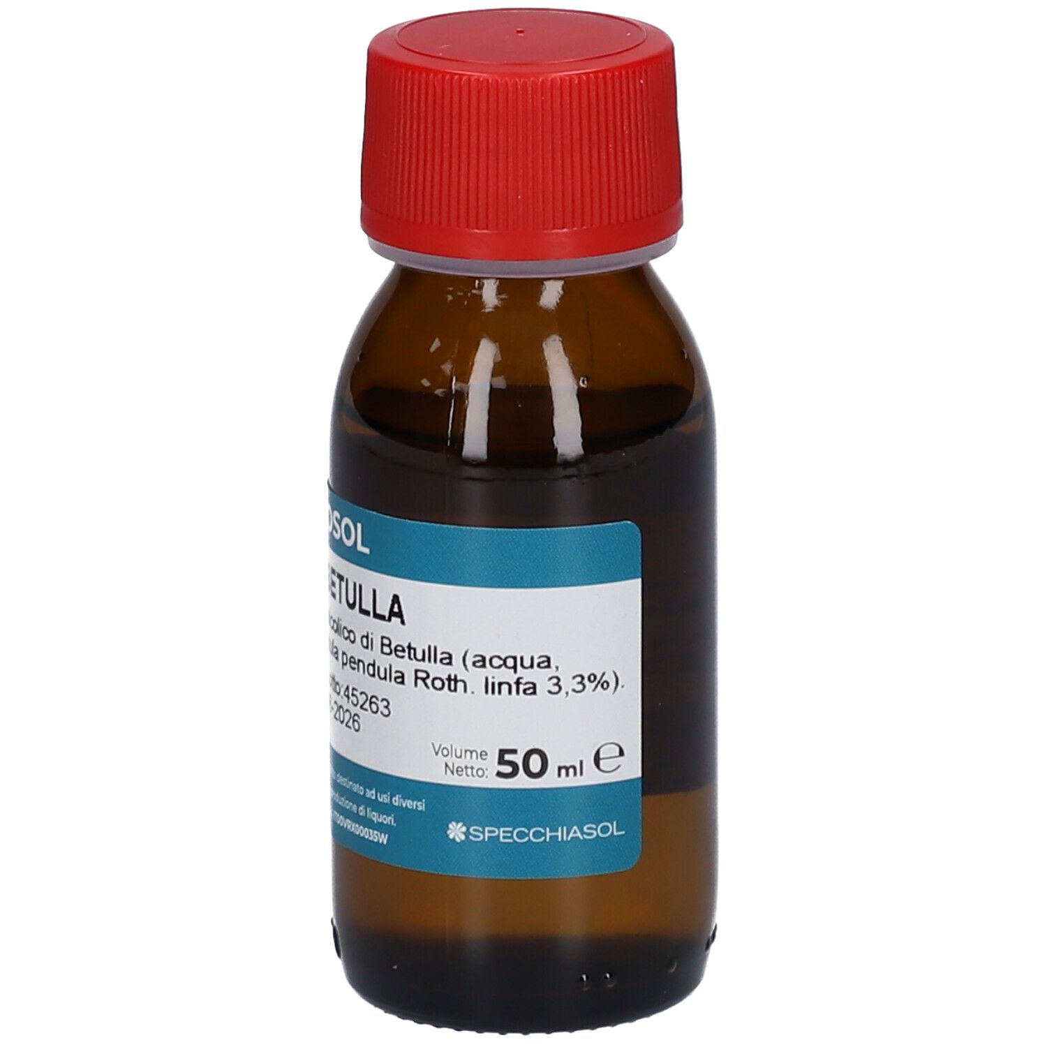 Braune Glasflasche mit rotem Deckel. Etikett mit Produktinformationen. Aufschrift: Gemmosol, Linfa di Betulla, 50 ml.