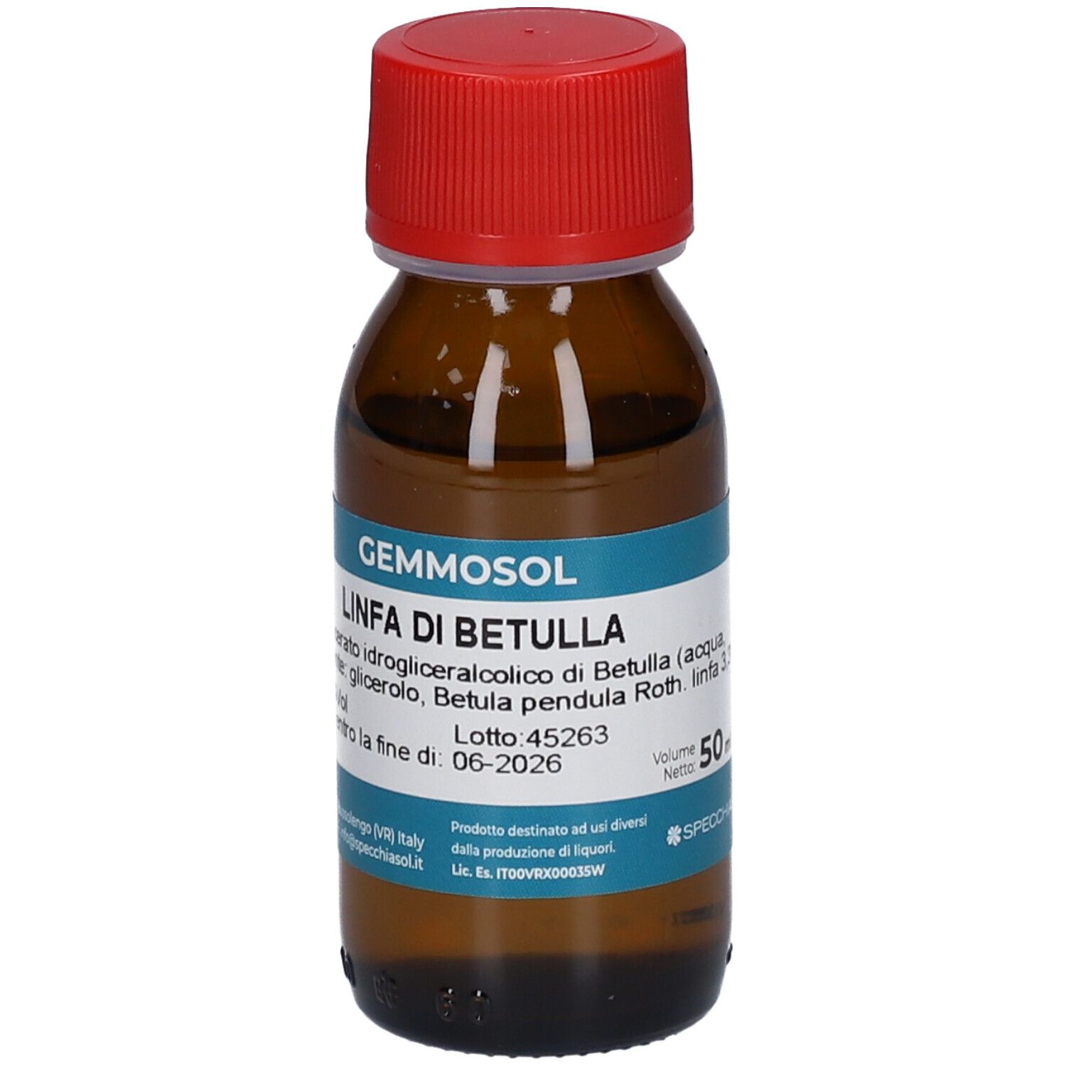 Braune Glasflasche mit rotem Deckel. Etikett mit Produktinformationen. Aufschrift: Gemmosol, Linfa di Betulla, 50 ml.
