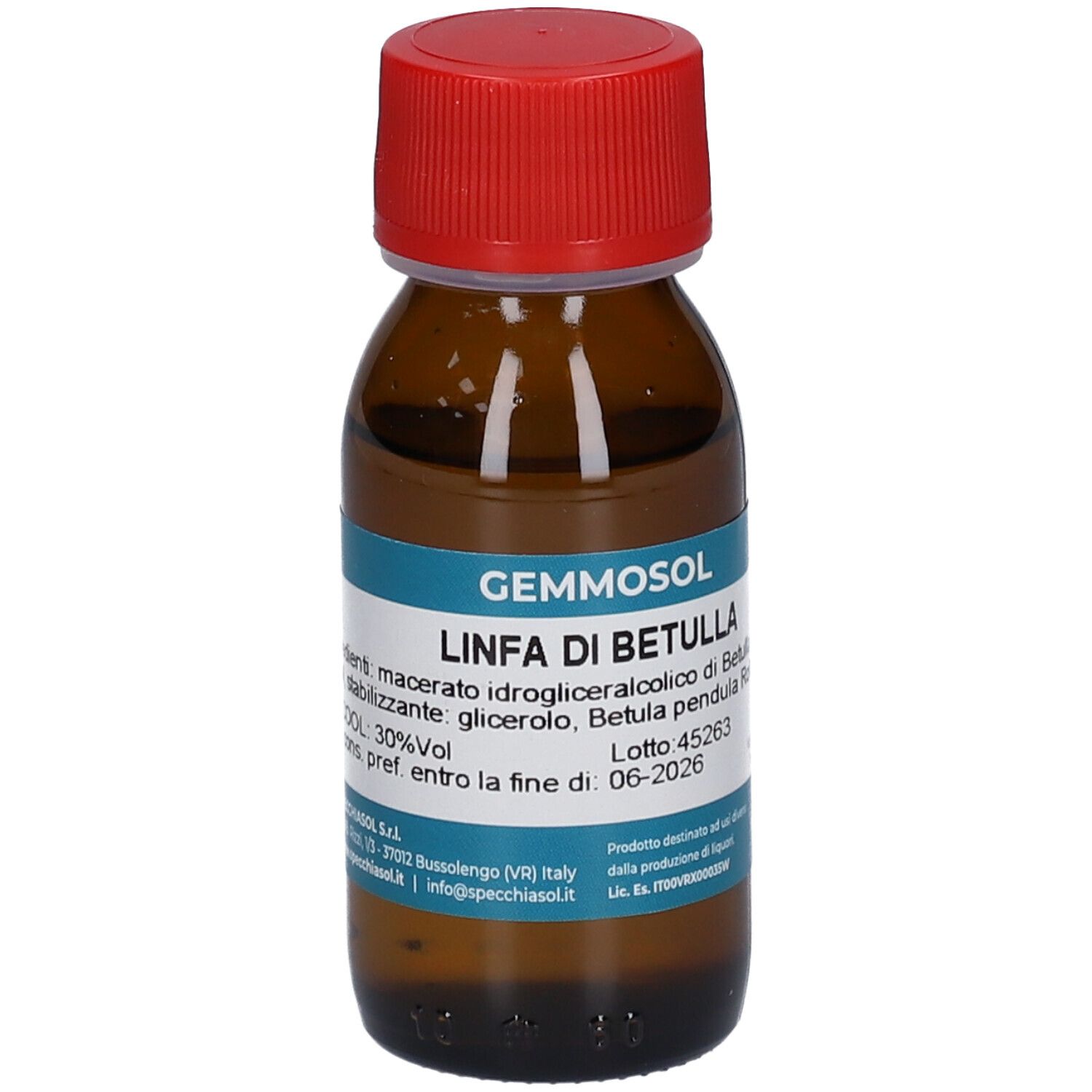 Braune Glasflasche mit rotem Deckel. Etikett mit Produktinformationen. Aufschrift: Gemmosol, Linfa di Betulla, 50 ml.
