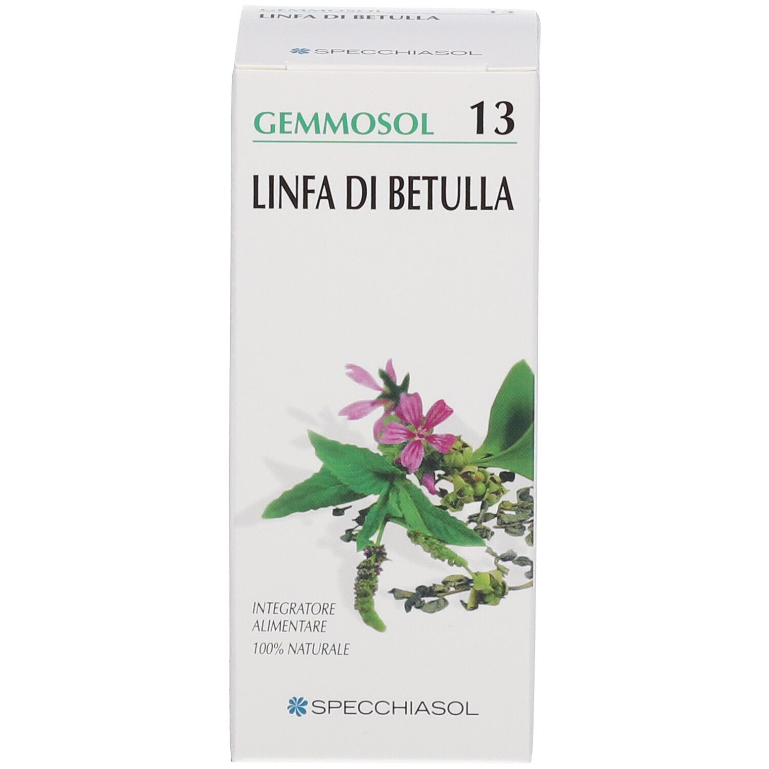 Weißer Karton mit Produktabbildung. Aufschrift: Gemmosol, Linfa di Betulla. Mit Abbildung von Pflanzen.