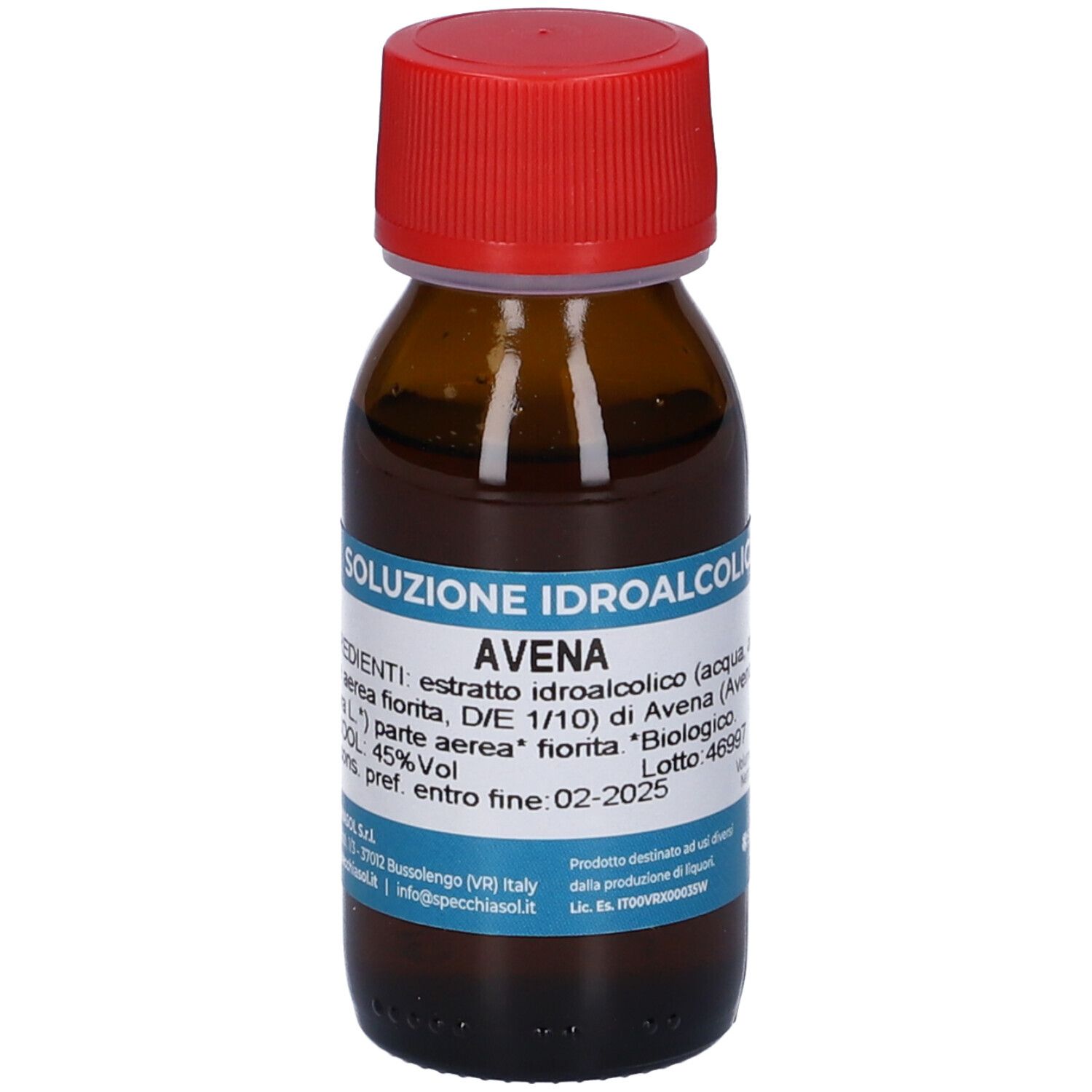 Flacone di vetro marrone con tappo rosso. Etichetta con nome del prodotto, ingredienti e altre informazioni.