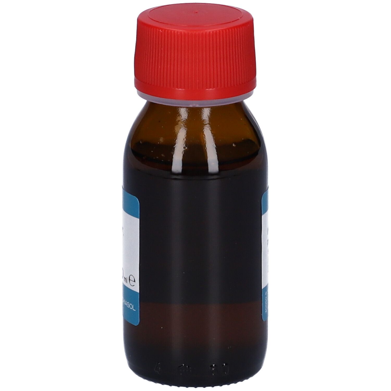Flacone di vetro marrone con tappo rosso. Etichetta con nome del prodotto, ingredienti e altre informazioni.