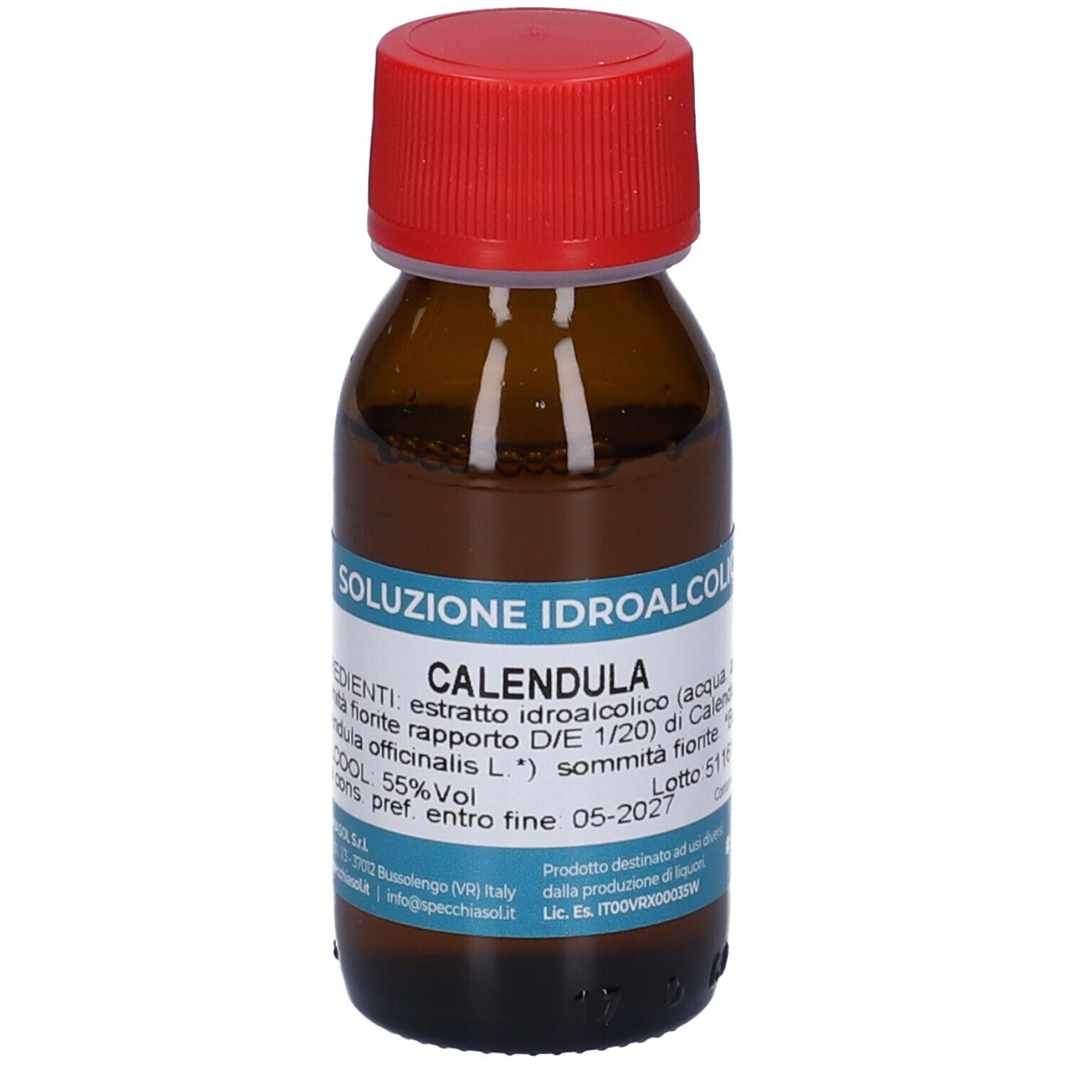 Flacone in vetro marrone con tappo rosso. Scritta: Soluzione Idroalcolica Calendula. 55% Vol.