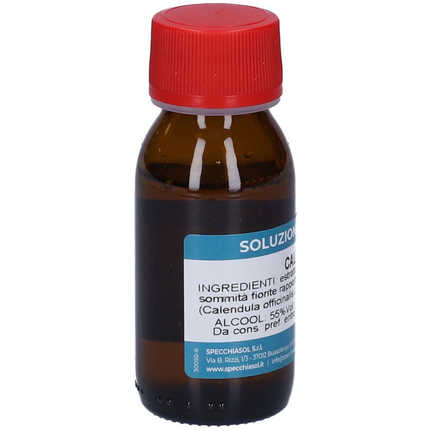 Flacone in vetro marrone con tappo rosso. Scritta: Soluzione Idroalcolica Calendula. 55% Vol.