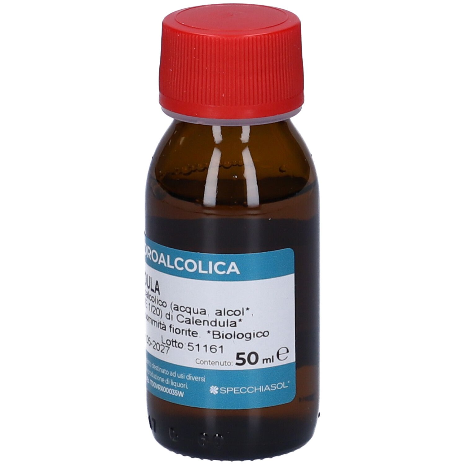 Flacone in vetro marrone con tappo rosso. Scritta: Soluzione Idroalcolica Calendula. 55% Vol.